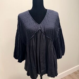 We The Free Black V-Neck Gauze Tunic with Textured Puff Sleeves